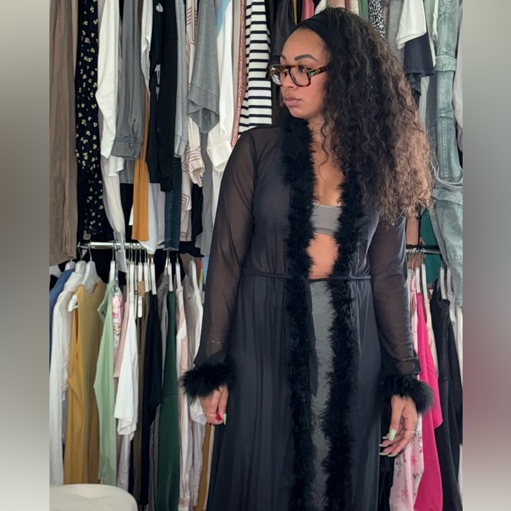 CUSTOM MADE- Black Sheer Feather Trim Robe